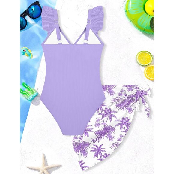 Girls One Piece Swimsuit Cut Out Ruffle Bathing Suit Twist V Neck - Picture 3 of 3